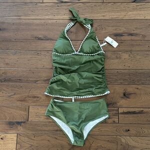 Olive Green Halter Tankini with White Trim Sz L
